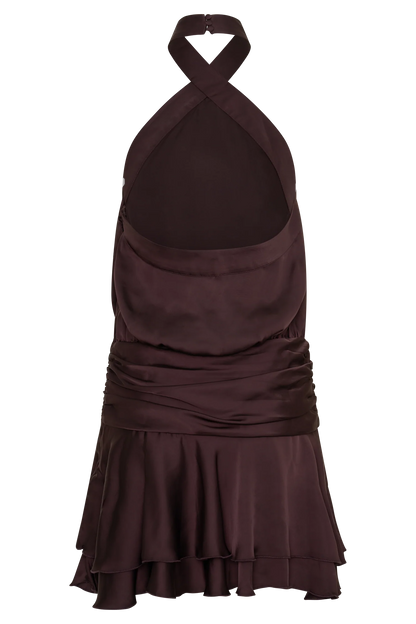 Poppy Satin Halter Mini Dress Chocolate