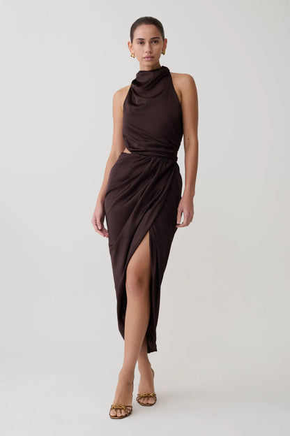 Aveline Draped Halter Midi Dress Dark Chocolate