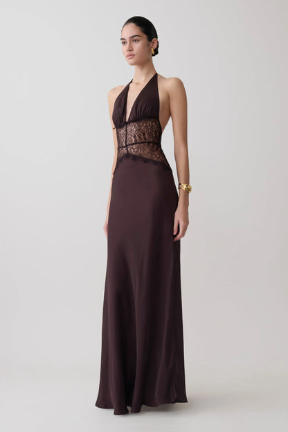 Dinah Lace And Satin Maxi Dress Chocolate