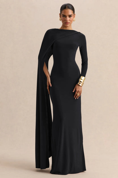 Halina Black High Neck Maxi Dress With Cape Sleeve