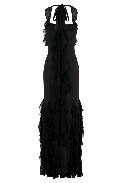 Etta Ruffle Slinky Maxi Dress Black
