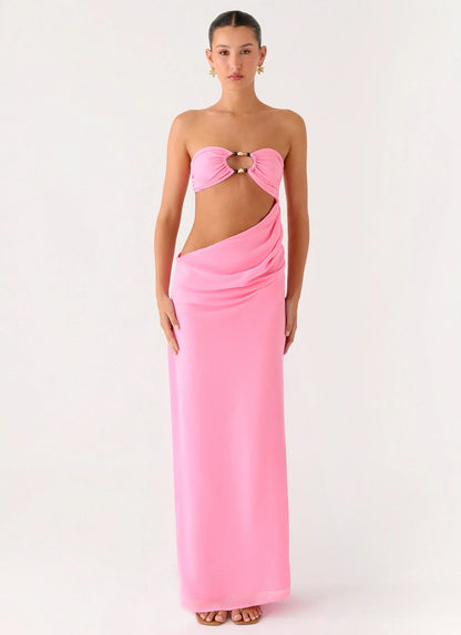 Falling Forever Strapless Beaded Maxi Dress Pink