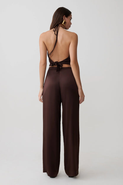 Kayla Silk Blend Straight Leg Pants Dark Chocolate