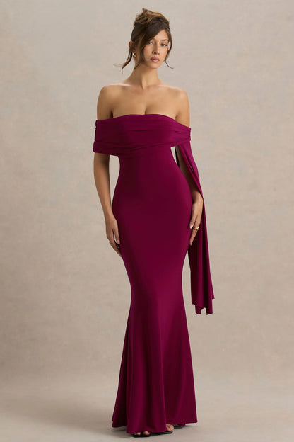 Saffina Burgundy Bardot Neck Maxi Dress With Sash Detail