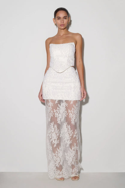 Camille Beaded Satin And Lace Maxi Skirt Ivory