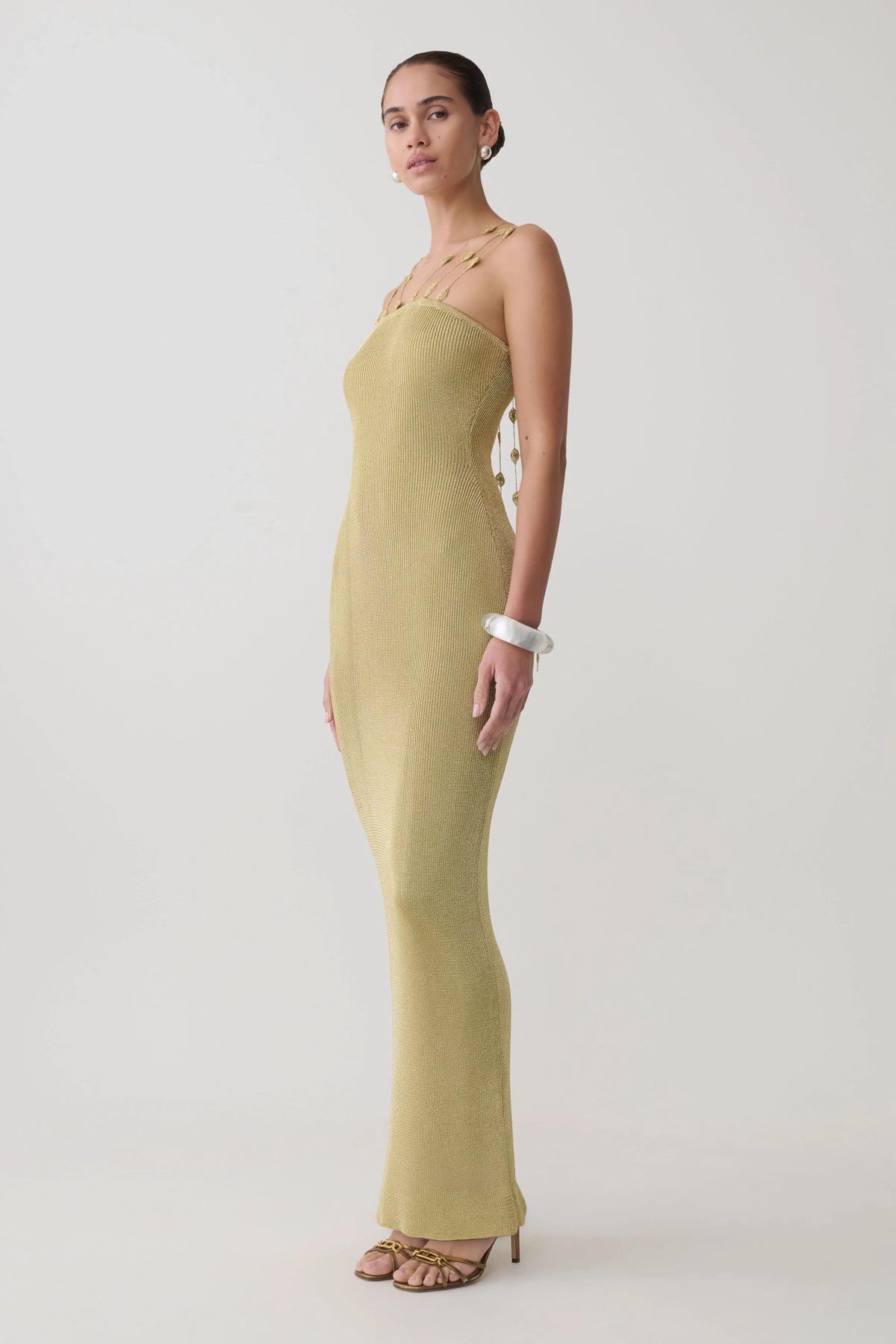Shami Lurex Maxi Dress With Flowers Gold
