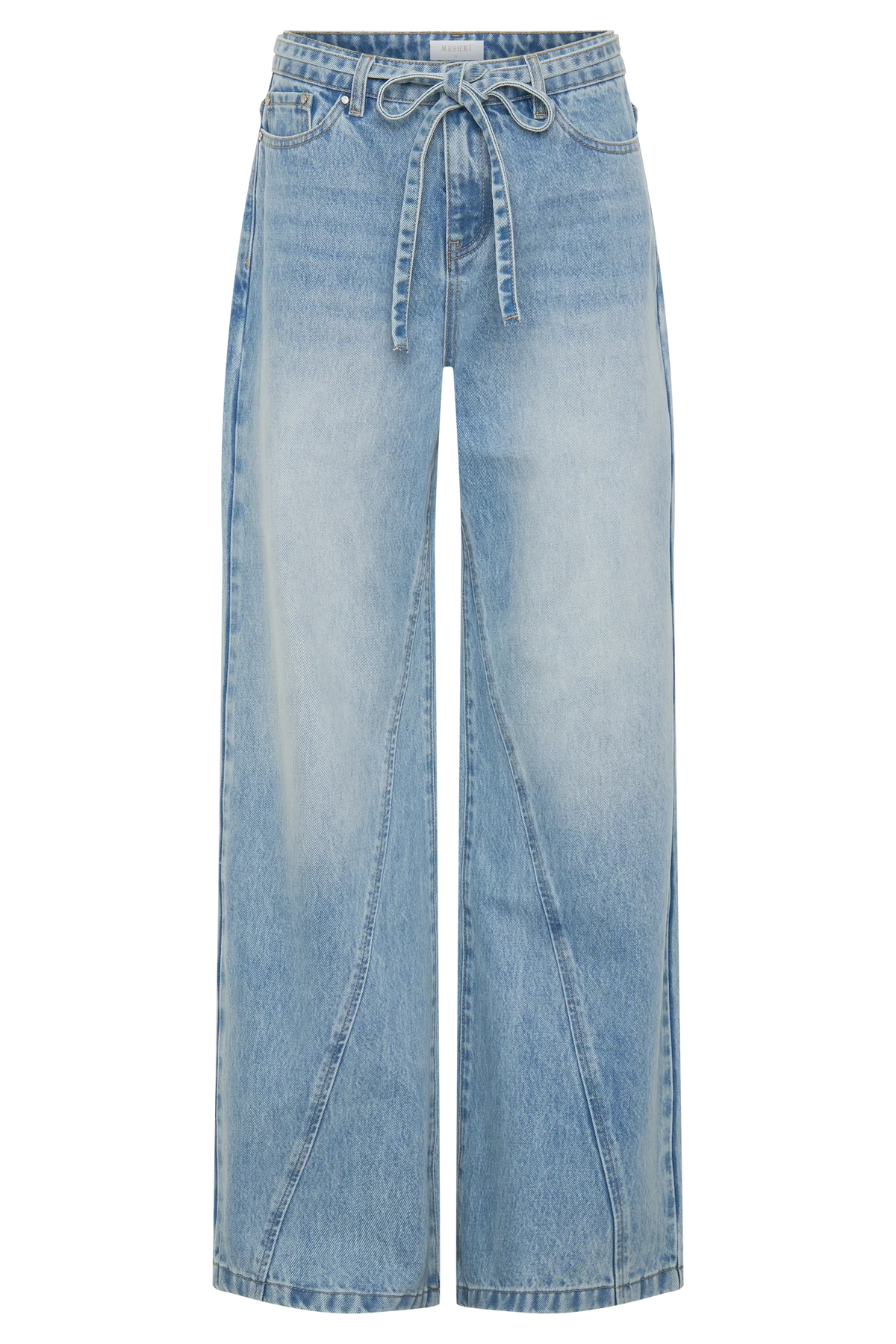 Perrie Mid Rise Straight Leg Tie Jeans Washed Light Blue