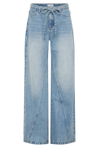 Perrie Mid Rise Straight Leg Tie Jeans Washed Light Blue