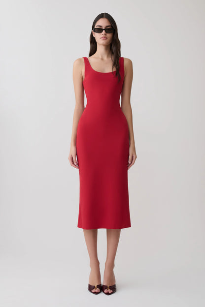 Allyra Scoop Stretch Crepe Midi Dress Red