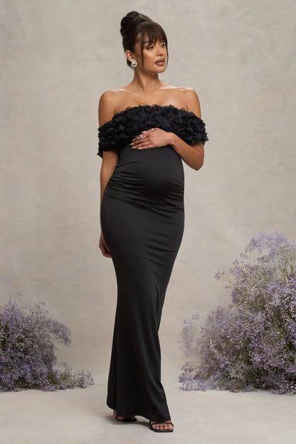 Inflorescence Black Mesh Floral Bardot Maternity Maxi Dress