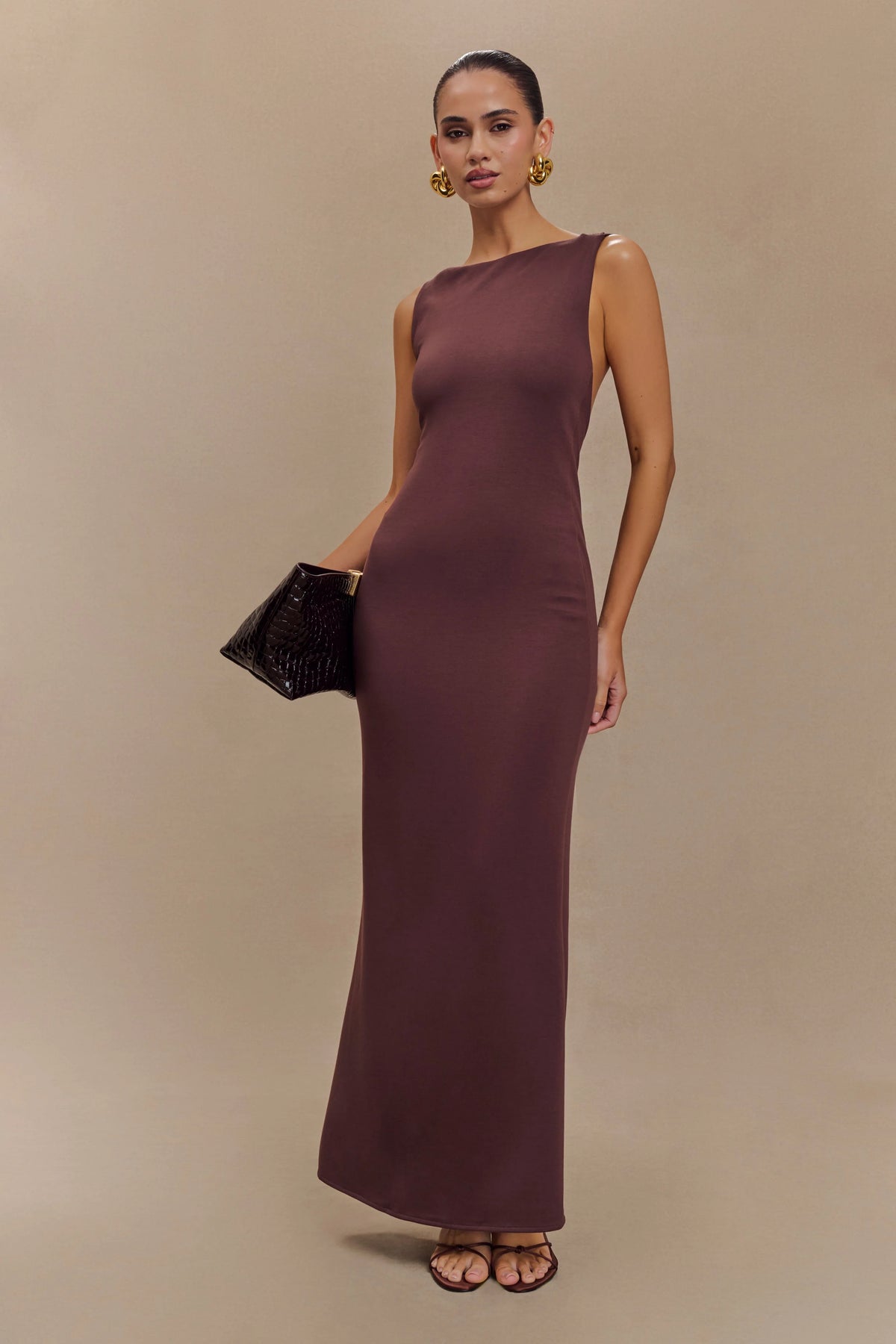 Catelyn Asymmetrical Scuba Jersey Midi Dress Cacao Brown