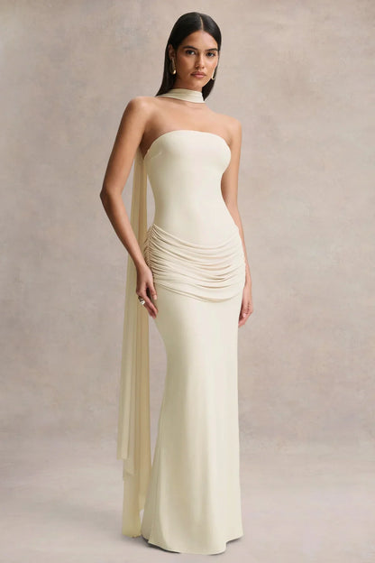 Graciella Stone Bandeau Maxi Dress With Draped Detailing And Scarf