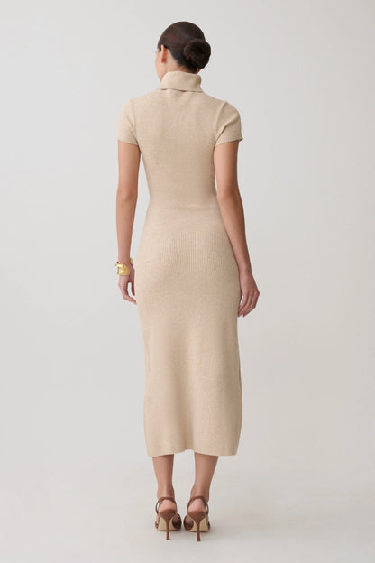 Goldie High Neck Knit Midi Dress Camel