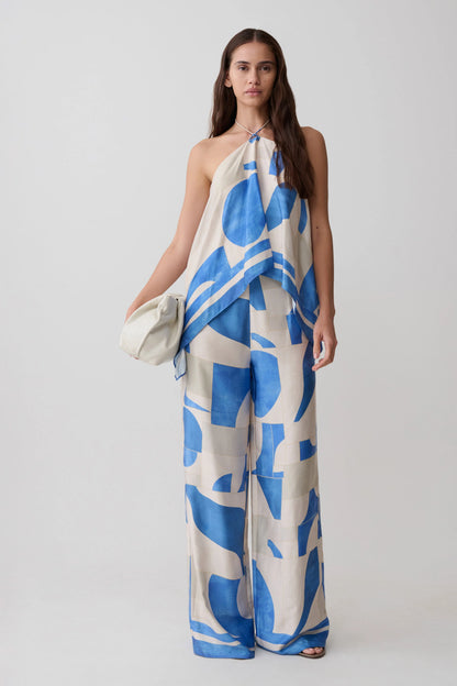 Rachel Satin Straight Leg Pants Blue Geo Tile Print