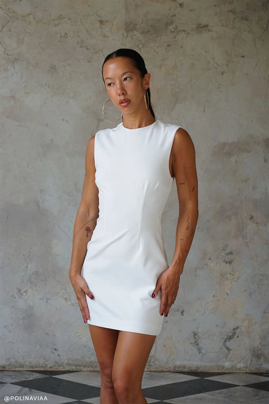 Fion Sleeveless Stretch Crepe Mini Dress White