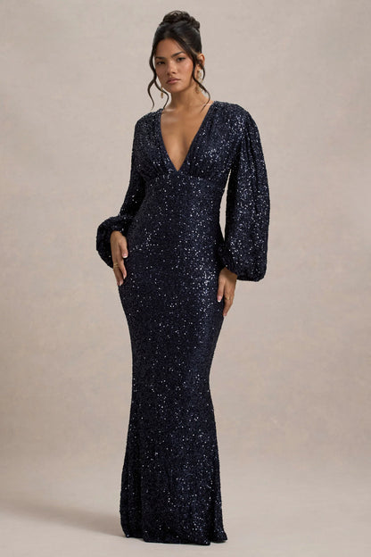 Kaelin Navy Sequin Plunge Neck Maxi Dress