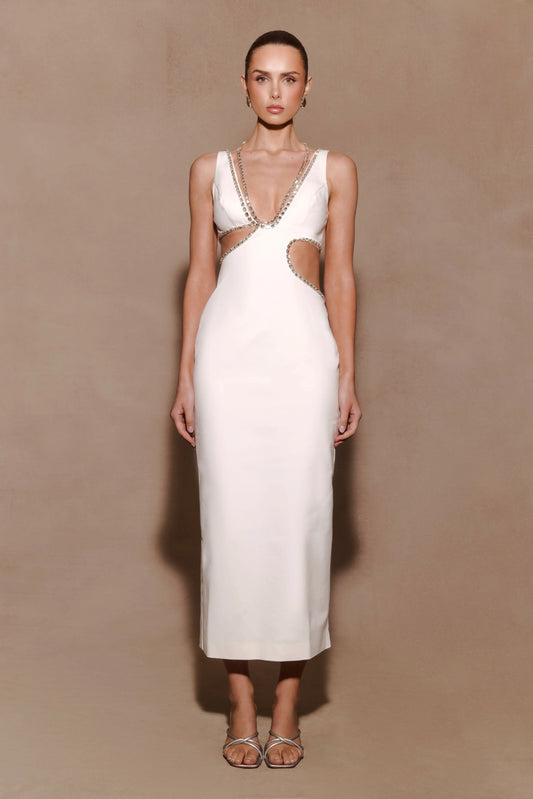 Henny Diamante Trim Cut Out Midi Dress White