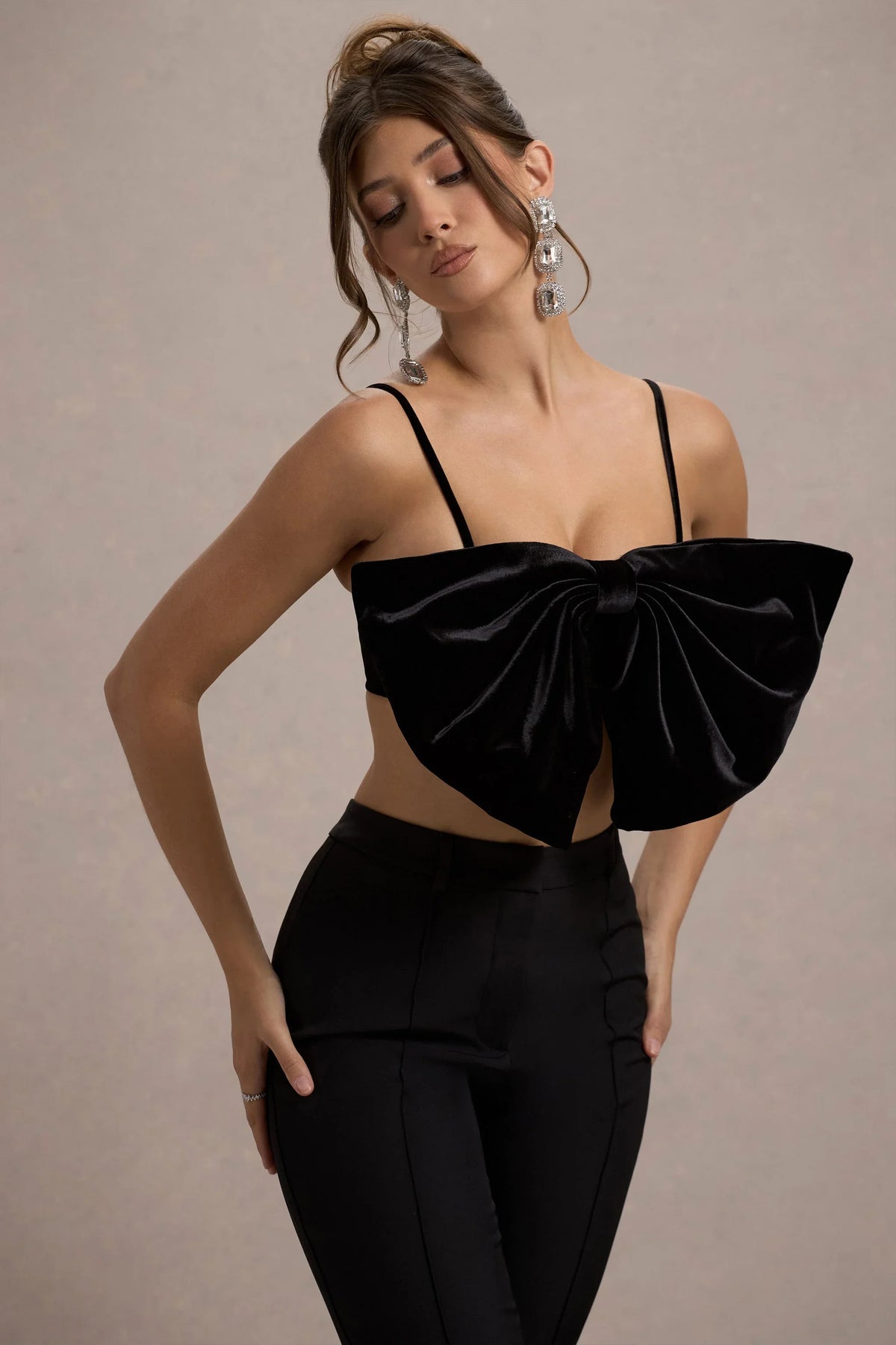 Adya Black Velvet Strappy Bow Crop Top