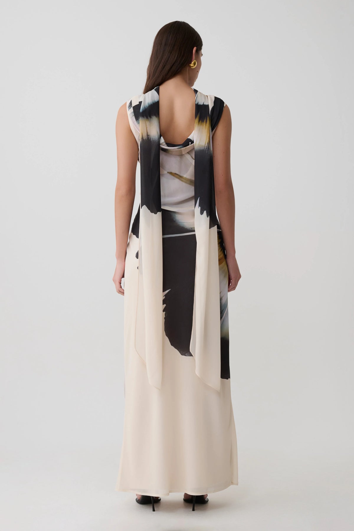 Dakota Chiffon Maxi Dress With Scarf Ivory Oversized Floral Print