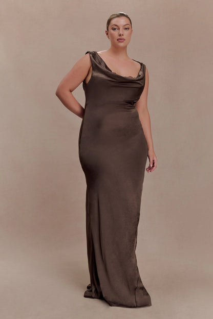 Ashley Cowl Neck Lace And Satin Maxi Dress Mocha