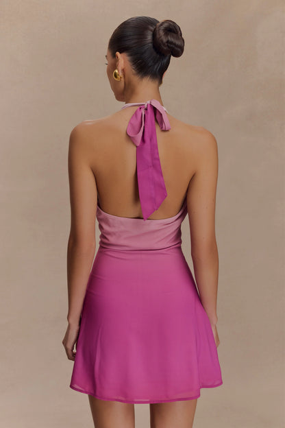 Malakhai Chiffon Halter Mini Dress Ombre Pink