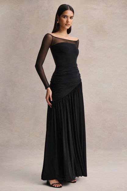 Bexley Black Bardot Neck Draped Maxi Dress With Long Mesh Sleeves