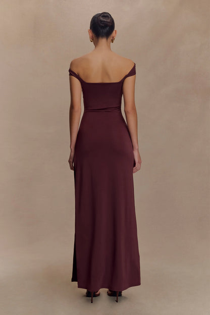 Aurora Slinky And Mesh Split Maxi Dress Mahogany