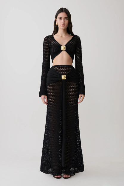 Mania Crochet Long Sleeve Cropped Top Black