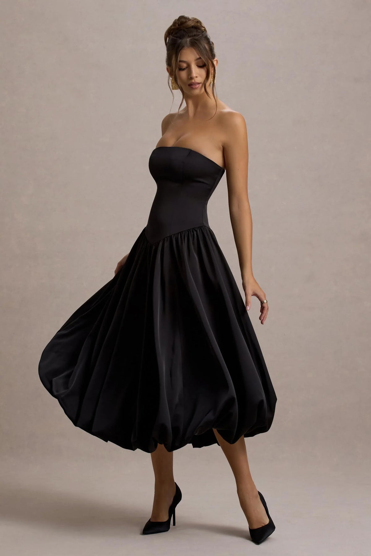 Keyton Black Satin Bandeau Midi Dress