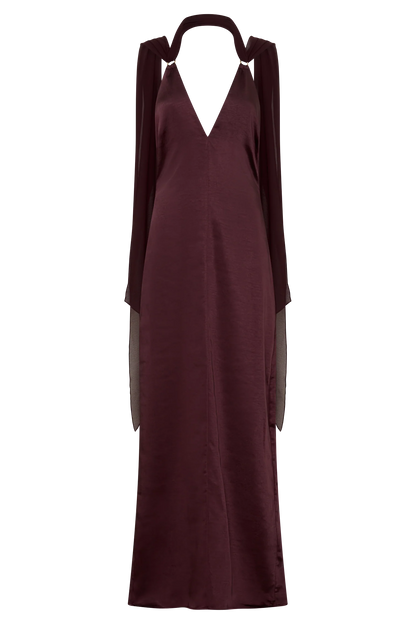Myla Draped Shoulders Satin Maxi Dress Chocolate