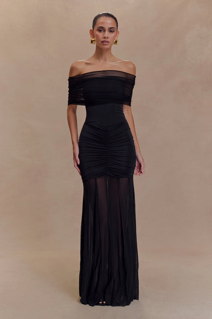 Caspian Slinky And Mesh Off Shoulder Maxi Dress Black