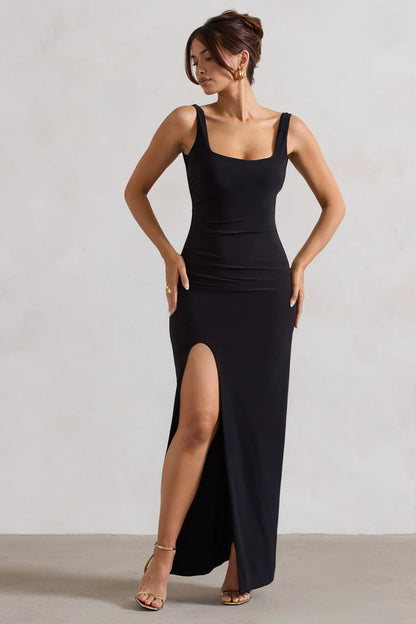 Kate Black Square Neck Maxi Dress with Plunge Back and Side Thigh Split