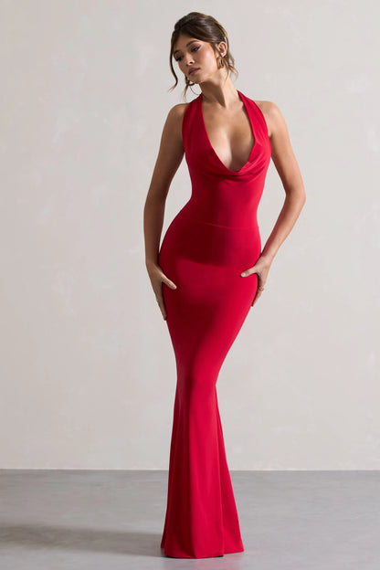 Milani Red Backless Cowl Neck Fishtail Maxi Dress