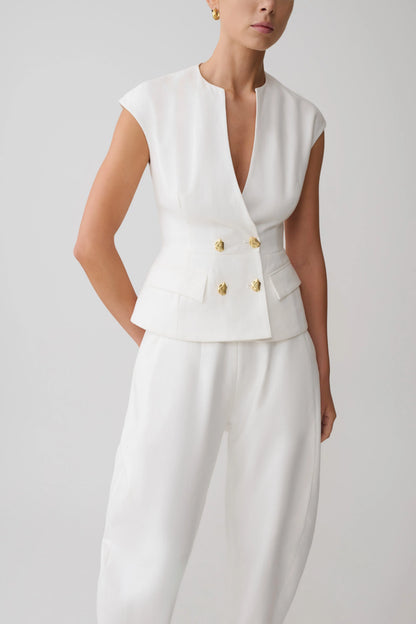 Oriana Linen Button Vest White