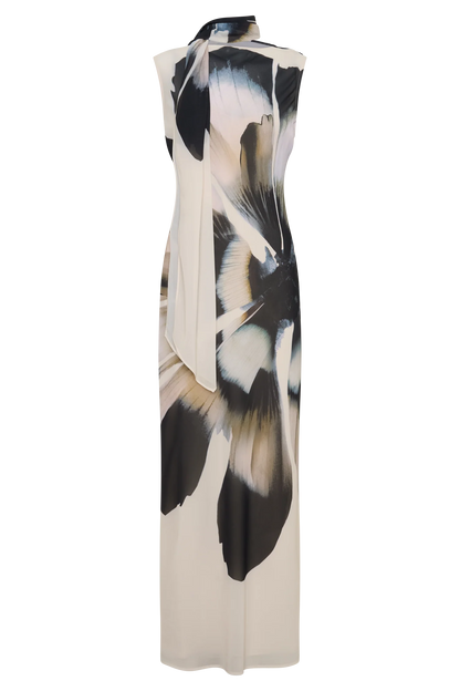 Dakota Chiffon Maxi Dress With Scarf Ivory Oversized Floral Print
