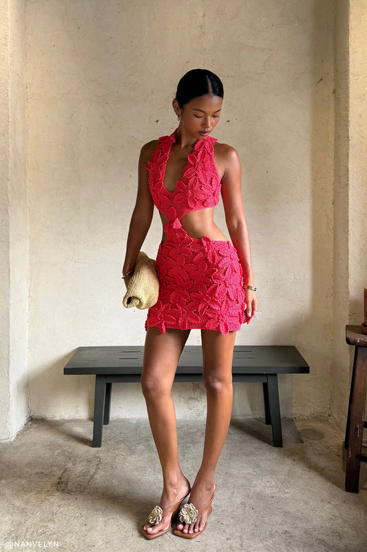Jaylene Floral Crochet Mini Dress Pomegranate
