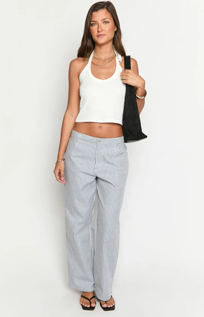 Amity Navy Stripe Mid Rise Straight Leg Jeans