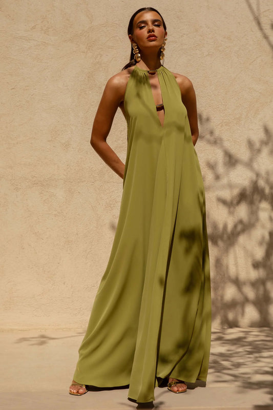 Zyon Green High Neck Maxi Dress with Cut Out Details