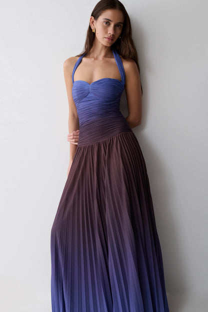 Azizi Pleated Halter Midi Dress Chocolate Blue Ombre Print
