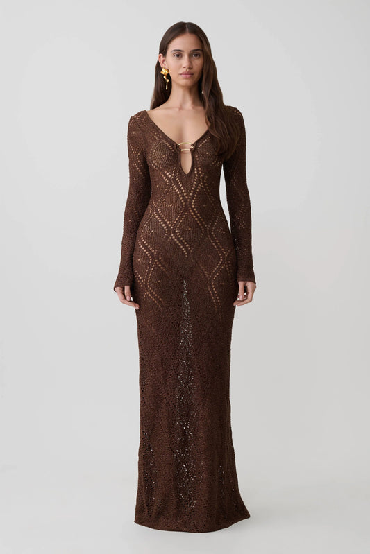 Chelsea Lurex Crochet Maxi Dress Bronze