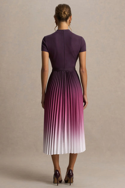 Libby Burgundy Ombre Woven High Neck Midi Dress With Pleated Detailing