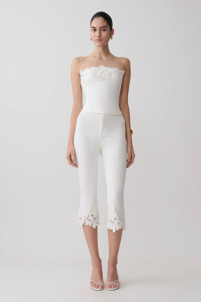 Tillie Flower Embroidery Denim Capris White