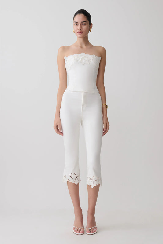 Tillie Flower Embroidery Denim Capris White