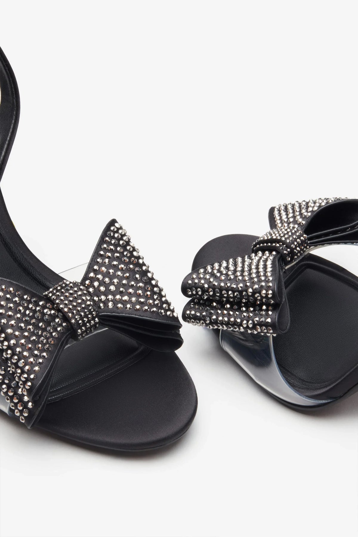 Bowing Black Satin Heeled Sandals With Diamante Bows