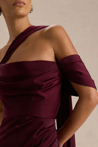 Yazmin Burgundy Satin Asymmetric Maxi Dress With One Sleeve Cape