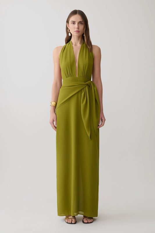 Gianna Satin Halter Maxi Dress Olive