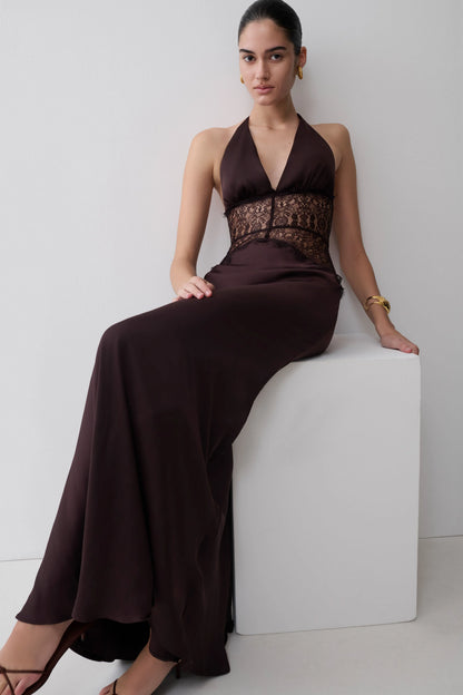 Dinah Lace And Satin Maxi Dress Chocolate