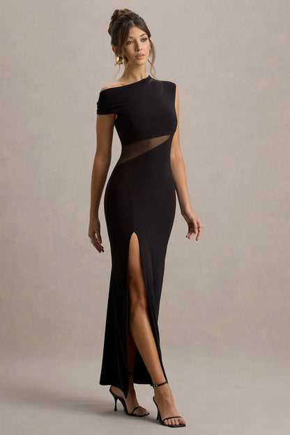 Emily Black Asymmetric Split Maxi Dress With Mesh Detailing