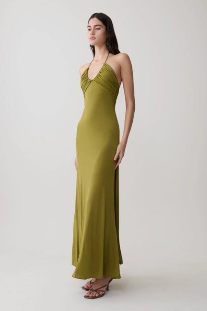 Maely Gathered Slinky Maxi Dress Olive