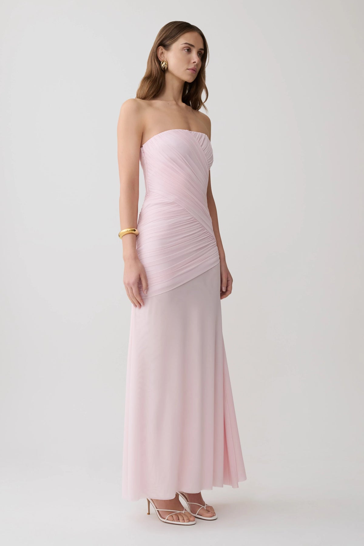 Monet Strapless Ruched Mesh Maxi Dress Ballet Pink